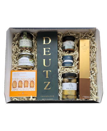 Dovanų rinkinys su Deutz šampanu, foie gras, alyvuogėmis ir Viduržemio delikatesais
