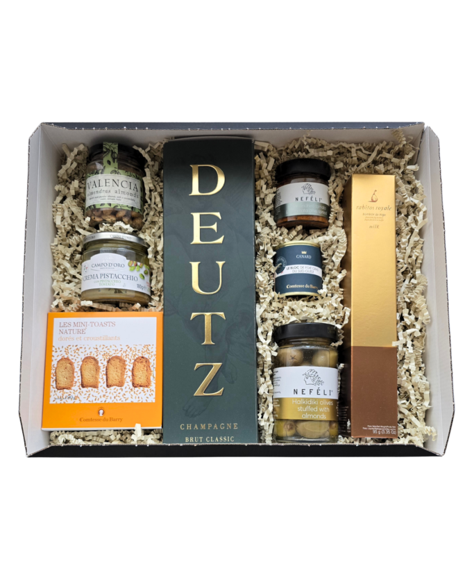 Dovanų rinkinys su Deutz šampanu, foie gras, alyvuogėmis ir Viduržemio delikatesais